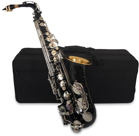HUIOP Saxofón,Saxofón Alto Eb negro,cuerpo de latón,teclas de concha blanca,instrumento de viento de madera con estuche de transporte,guantes,paño de limpieza,cepillo,cuello de saxo,saxofón de latón