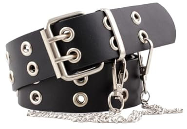 vreplrse Unisex Doppelloch Leder Nietengürtel, modischer und stilvoller Ledergürtel, breit, anwendbare Anlässe, Jeansgürtel, Schwarz+Kette
