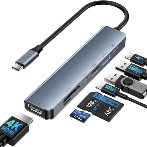 Umaniy Hub USB C HDMI 4K@60Hz/ 100W PD Carga/USB 3.0 5Gbps/ USB 2.0/ SD/TF Card Reader, USB C Hub 7 en 1 Multipuerto Adaptador Tipo C a HDMI Compatible con MacBook Pro/Air M4 M3 M2 M1, Mac, iPhone