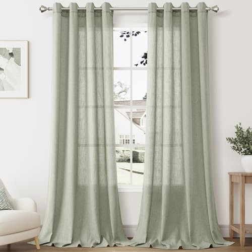 Nanspring Sage Green Linen Curtains 90 Inch Length 2 Panel Set Grommet Light Filtering Semi Sheer Curtains Boho Farmhouse Curtain Drapes for Living Room Bedroom Patio Door 52x90