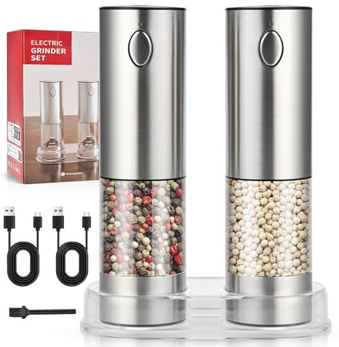Herboom 2Stück Elektrische Salz und Pfeffermühle Set, USB Aufladbar, Rostfreier Stahl, Mahlen Einstellbare Grobheit mit Sockel, mit LED-Licht mit Reinigungsbürste für BBQ Restaurant Küche