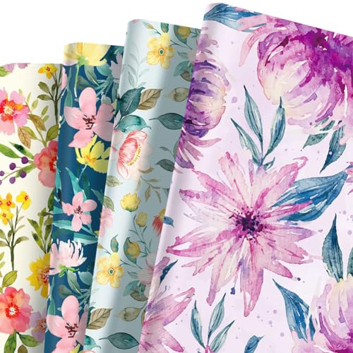 Geschenkpapier mit Blumenmuster, Aquarellmalerei, Blumenpflanzen-Thema, Geschenkpapier, für Muttertag, Geburtstag, Frühlings- oder Sommerferien, Aloha-Party, 4 Bögen in 4 Designs mit Band