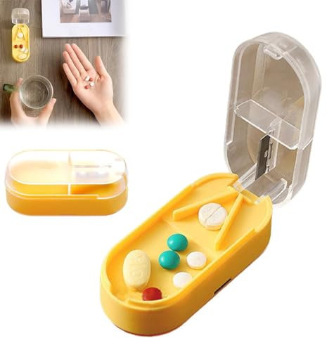 AQUASHIELDING Pillenschneider, Pillendose, Reise-Wander-Pillendose zum Aufbewahren von Pillen, Pillenteiler für kleine Pillen, große Pillen, in halbe Viertel geschnitten (2 Stück),Yellow