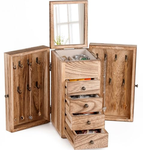 ﻿Schmuck Box 5-Schicht Holz große Schmuck Boxen für Frauen, Schmuck Organiser mit 4 Schubladen Lagerung Schmuck Fall mit Spiegel für Ohrringe Armband Halskette Schmuck Lagerung Geschenk für Geliebte