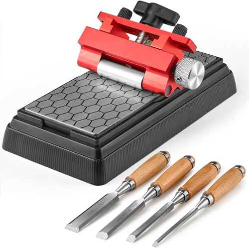 Feidyns - Kit per affilatura scalpello, con punta a scalpello (con viti di rinforzo superiori) e pietra diamantata con grana 400/1000 per scalpelli e piani, include 4 scalpelli