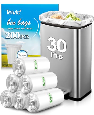 30 liter 200 stycken starka oparfymerade medelstora sopsäckar, passar 25, 30, 35 L skräpburk av Teivio, 8 gallon tjock badrumspedal fack, plastpåsar för hemmakontorskök, klar