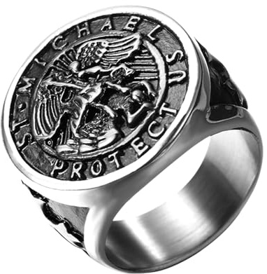 Flongo Saint Michael sigillring för män: Guld silver religiös ring amulett helig Michael rostfritt stål beskyddare smycken signnet ring religion rund retro band gåva storlek från 57 till 71, Rostfritt