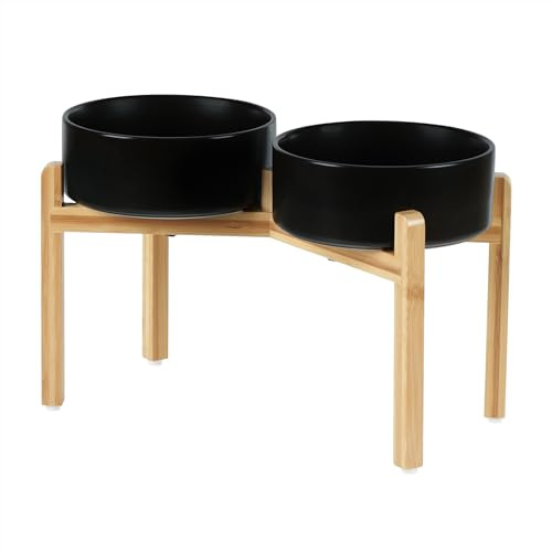 Havniva Keramik-Hochgestelltes Doppel-Schalen-Set mit Ständer, 21 cm, Futter- und Wasser-Schalen für große Hunderassen, gewichtete Hundeschalen, rutschfeste Tier-Schalen (1,8 l, Schwarz)