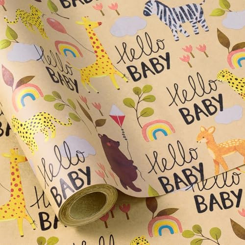 RUSPEPA Geschenkpapierrolle für Babypartys – 43,2 cm x 5 m – Niedliches TierDesign, KraftpapierMaterial – Ideal für Geschenkverpackungen für Babys oder neutrale Geschenke