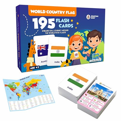 SPARTAN KIDS® Premium 195 Country Flag Flash Cards - World Flags Learning Set for Kids | Geography & Culture Study | Double-Sided, Perfect for Small Hands | Includes World Map & Quiz Worksheet