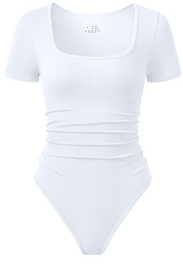 OQQ Women Bodysuits Ruched Short Sleeve Square Neck Stretch Lounge Travel Bodysuits White