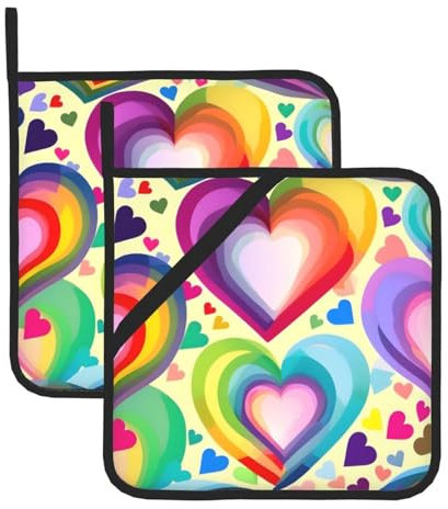 YHBLYKXP Set di 2 presine con cuori in colori arcobaleno stampati, presina resistente al calore da cucina, barbecue