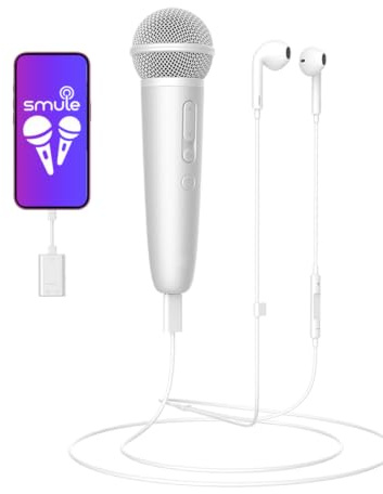 PUREMIC Kabelloses Bluetooth-Karaoke-Mikrofon, wiederaufladbares Handmikrofon mit Typ-C-Eingangs-Empfänger und Lightning-Adapter, Weiß