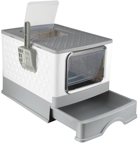 OHMG Bac a Litiere pour Chat avec Pelle,Fermé Maison de Toilette pour Chat,Rebords Amovibles,Anti-Fuite,pour Chats Adultes,Chatons,Lapins,sans BPA,Ouverture en Haut,Plateau Amovible