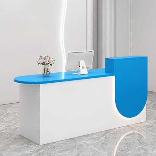 GUQASDV Empfangstheke Tresen Rezeption, Reception Desk Salon, Empfangstresen für Praxis, Bürotheke Reception Tisch mit Sanfter Beleuchtung für Kleine Unternehmen(White+Blue,1m)