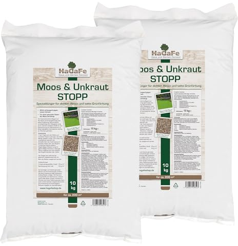HaGaFe Rasendünger Moos und Unkraut - Stopp, Spezialdünger gegen Moos und Unkraut, mit Eisen und Maisgluten (20 kg für 400 m²)