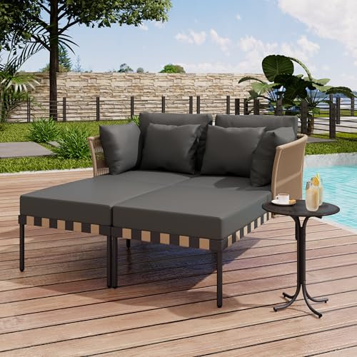 Kayan Lounge Möbel Outdoor, Gartenlounge 2 Sitzer mit Couchtisch, Balkon Lounge Set Gartensofa mit Kissen, Doppelliege 2 Personen, Abnehmbarer und Modularer Garten Loungesessel, Outdoor Sofa (Grau)