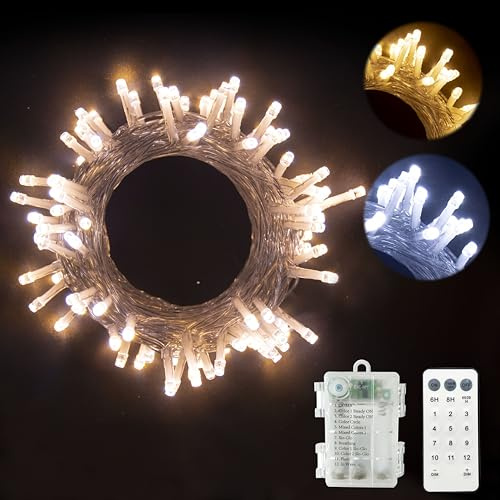 GHJ Warmweiß/Kaltweiß LED Batterie Lichterkette auf Durchsichtigem Kabel, Fernbedienung Batteriebetriebene Beleuchtung, für Weihnachten Baum Garten Hochzeit Feiertag Party (50LED)