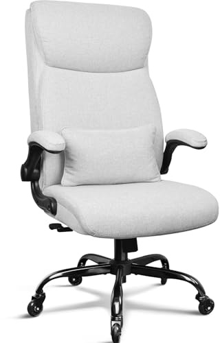 BASETBL Ergonomischer Bürostuhl, Schreibtischstuhl Stoff mit doppelt gebogener hoher Rückenlehne, Gummirollen, unabhängiger Lendenstütze, 3-Fach arretierbar, klappbare Armlehnen, Chefsessel, EN12520