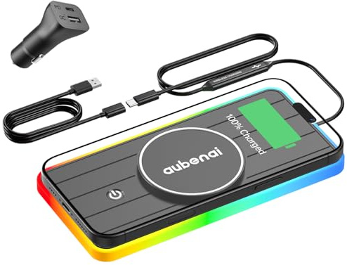 Magnetic Wireless Car Charger Pad, Aubenai 15W RGB Fast Wireless Charging Pad Non Slip Charging Mat with 70cm Extension Cable Compatible with Magsafe Charger iPhone 16 15 14 13 12 (Extension USB-A)