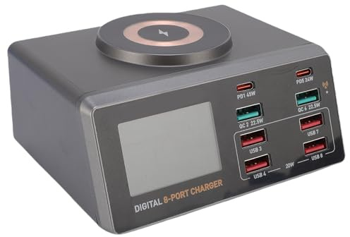 Asixxsix Estación de Carga USB, 100W 8 Puertos USB Hub de Carga con 15W Cargador inalámbrico, Pantalla Inteligente App Control Múltiple Cargador para teléfono (Enchufe de la UE)