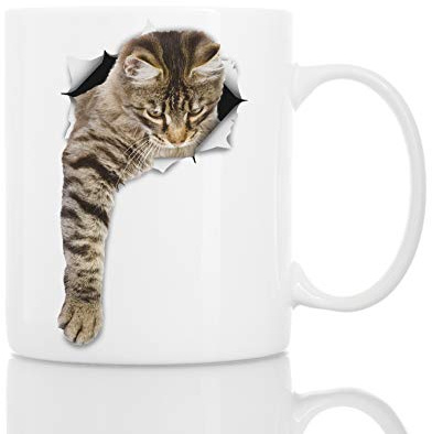 Quirky Porcelain Mug Cute Reaching Tabby Cat Bone China Porcelain Cup 330ML for Picnic,Travel,Workplace,Storage Container