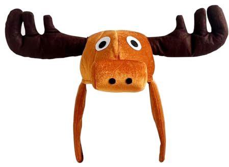 NICEYEA Stuffed Plush Reindeer Hat with Antlers and Chin Strap Funny Plush Moose Animal Hat Animal Themed Headwear Hilarious Costume Party Favors for for Halloween Christmas Costume Events