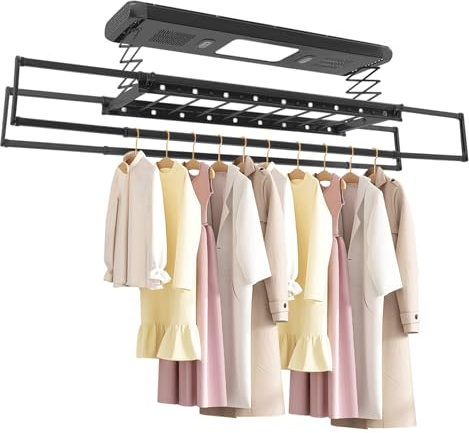 NaMaSyo Elektrischer Wäscheständer mit Fernbedienung & Ventilator Deckenwäschetrockner Hängender Wäschetrockner Wand- und Decken-Wäscheständer Hebender, LED-Beleuchtung (Schwarz)