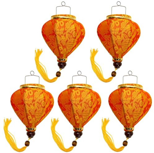 Set mit 5 kleinen asiatischen Laternen aus Seide, Orange, M, Durchmesser 10,5 cm – traditioneller Hoi an Lampion aus Stoff, Bambus und Holz – Dekoration und Handwerk aus Vietnam (S56-8482)