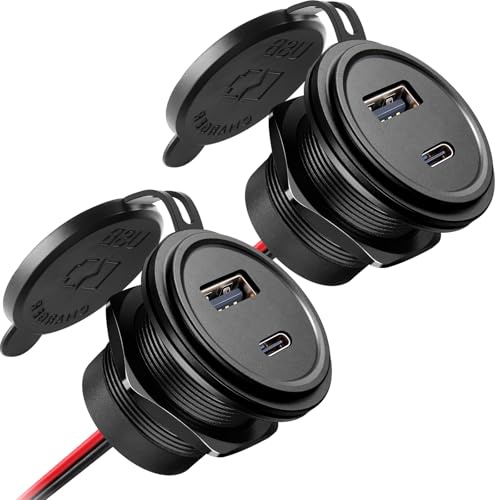 acegoo Toma USB 12V Cargador Multi Puerto Aluminio, PD3.0 USB-C y Quick Charge 3.0 para Coche Camper Enchufe de 12 Voltios Impermeable para Autocaravana Barco Motocicleta (2PCS)