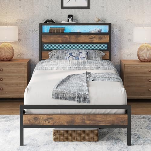 IRONCK 3ft Single Bed Frame with Storage Headboard and Charging Station/LED Lights, Metal Platform Bed Frame Single, Reinforced Strong Support Leg, UnderBed Storage, Vintage Brown