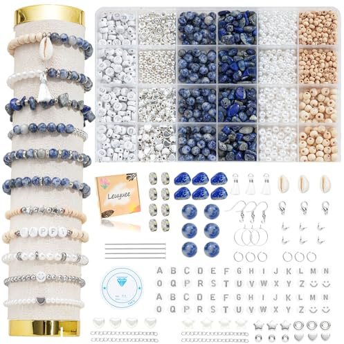 Leuyuee Silber Perlen für Armbänder Natürliche Amazonit Edelstein Perlen Set Zum Auffädeln Kit Perlenset Beads für DIY armbänder selber machen Schmuck Halskette Ohrringe Kette (CZ006-Marineblau)