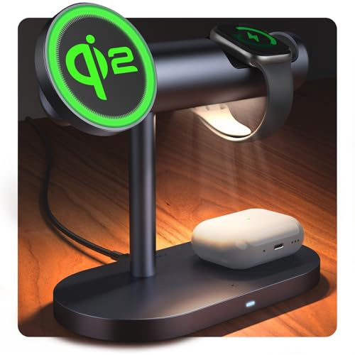 iVANKY 4 in 1 Qi2 zertifizierter kabelloser Ladeständer für iPhone 17 Air, Nachtlicht für MagSafe Induktive Ladestation, 25W Ladeleistung für iPhone 17/16/15/14/13 Plus/Pro/Max, iWatch, Airpods Pro2/3