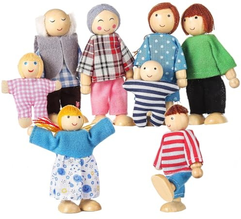 BEAHING Persone per Case delle Bambole in Legno, 8 Figure familiari in Legno, Set per Famiglie di Bambole per Case delle, Set di per Bambini