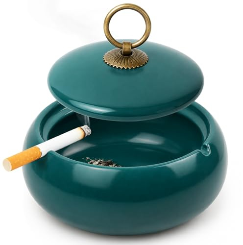 Cendrier Exterieur, Cendrier en Céramique avec Couvercle, Cendriers Créatif Fait à la Main Comme Décoration, Cendriers Ashtray Anti-tempête et Anti Odeur pour Exterieur Interieur Bureau Jardin Balcon
