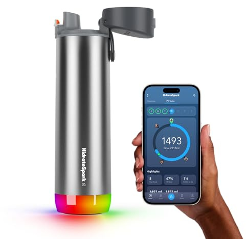 Hidrate Spark Bottiglia d'acqua intelligente Pro, tiene traccia dell'assunzione di acqua e si illumina per ricordarti di rimanere idratato, con beccuccio largo, 621 ml, acciaio inossidabile