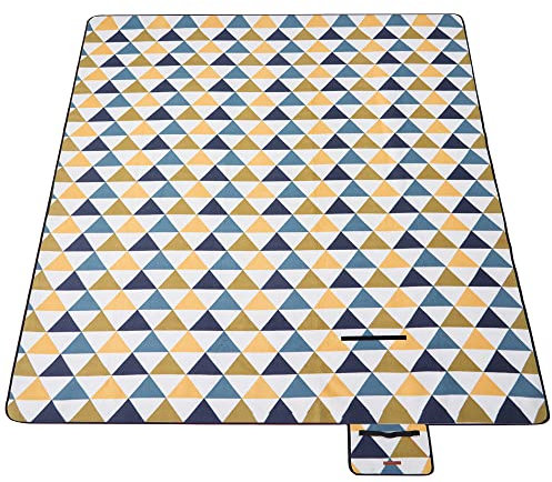 SONGMICS Picnic Blanket, 300 x 200 cm, Large Mat for Camping, Park, Garden, Garden, Outdoors, with Waterproof Backing, Foldable, Yellow and Blue Triangle Pattern GCM073Q01