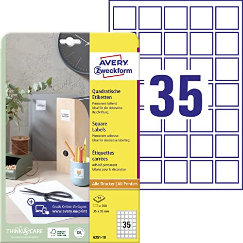 AVERY Zweckform 6251-10 Quadratische Etiketten (350 Klebeetiketten, 35x35mm auf A4, QR Code Aufkleber zum Bedrucken, selbstklebend, permanent haftende QR Code Etiketten) 10 Blatt, weiß