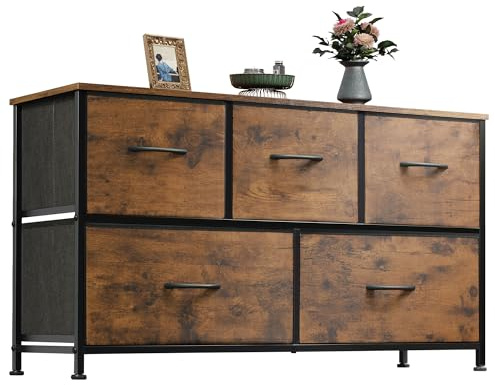 WLIVE Dresser for Bedroom with 5 Drawers, Wide Chest of Drawers, Fabric Dresser, Storage Organizer Unit with Fabric Bins for Closet, Living Room, Hallway, Rustic Brown Wood Grain Print