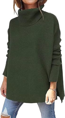 ASKSA Women's Turtleneck Oversized Sweaters Fall Long Batwing Sleeve Jumper Spilt Hem Tunic Pullover Sweater Knit Tops(Army Green,M)