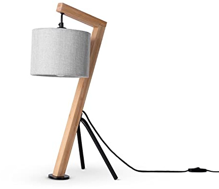 Paco Home Tischlampe Holz Nachttischlampe Schreibtischlampe Retro E27 Fassung Tischleuchte Wohnzimmer Vintage Stoff Lampenschirm Leselampe Modern