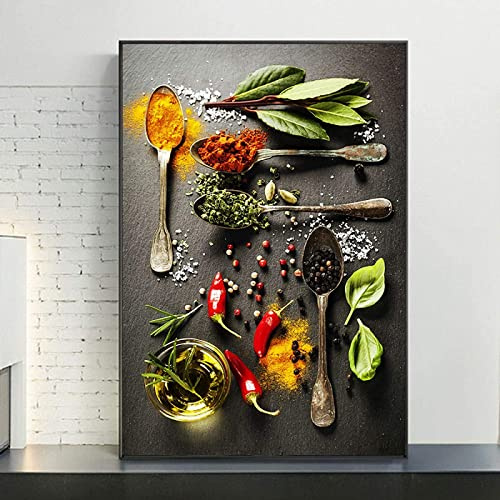 HMXQLW Leinwandbilder Kräuter und Gewürze Bilder Küche Bild Deko, Bilderwand Poster Kunstdrucke Malerei für Küche Dekoration Rahmenlos (40X60CM)