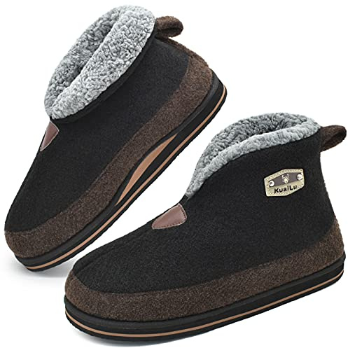 KuaiLu Mens House Slippers Booties Cozy Memory Foam Orthopedic Arch Support Boots Warm Fleece Plush Lining Winter Felt Wool Home Bedroom Slipper Socks Indoor Outdoor Non-Slip Shoes Black Size 10.5-11