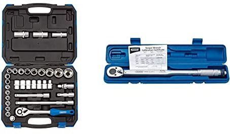 Draper 16363 1/2-Inch Square Drive Combined MM/AF 33 Piece Socket Set & 30357 Micrometer Reversible Ratchet Torque Wrench, 1/2 Square Drive, 30Nm-210Nm, Blue