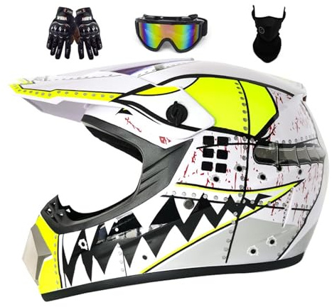 Casco da motocross per bambini e ragazzi, per fuoristrada, strada, dirt bike, casco integrale per moto, ATV con occhiali e guanti, per quattro ruote, BMX, MX, UTV, da corsa (Colore: Nero-