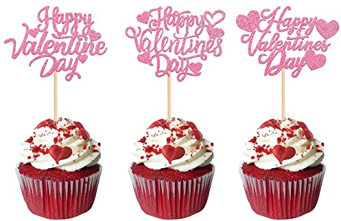 Xsstarmi 30 Stück Happy Valentine's Day Cupcake Toppers Glitzer Sweet Love Herz Cupcake Picks Dekoration für Valentinstag Thema Hochzeit Verlobung Party Kuchen Dekorationen Supplies Rosa