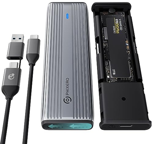 PHIXERO M.2 NVMe SATA SSD-Gehäuse, externes SSD-Gehäuse aus Aluminium mit 10 Gbps, werkzeuglos, unterstützt UASP & Trim, kompatibel mit M-Key/B+M Key für 2230/2242/2260/2280 SSD