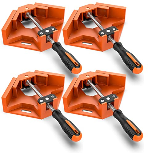 Right Angle Clamp, Housolution [4 PACK] Single Handle 90° Aluminum Alloy Corner Clamp, Right Angle Clip Clamp Tool Woodworking Photo Frame Vise Holder with Adjustable Swing Jaw - Orange