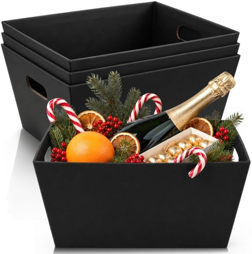 DEAYOU 5 Pack Kraft Basket With Handle, 31×25 cm Gift Basket Empty, 6 LB Cardboard Gift Basket Market Tray, Large Black Paper Baskets Holder Container for Wine Gift, DIY, Food, Snacks, Crafts, Easter