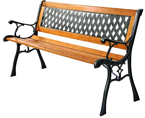 KOMFOTTEU Trädgårdsbänk, utomhusbänk med 3 platser i tall, metallstruktur, utomhusbänk för balkong, veranda, veranda, veranda, träfärg och svart